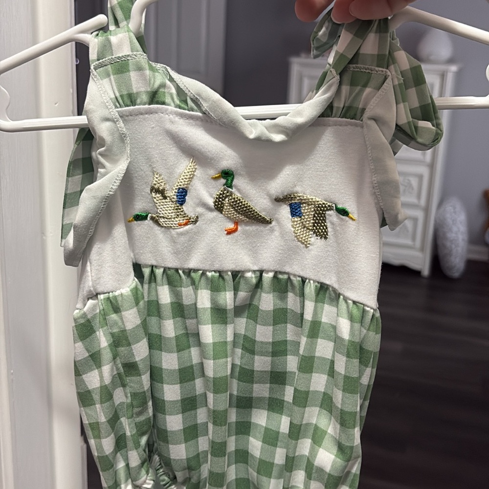 Green Checkered Baby Romper with Duck Embroidery
